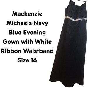 Mackenzie Michaels Navy Blue Evening Gown w/ White Ribbon Waistband Size 16